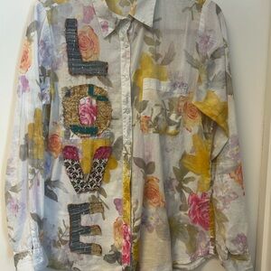 The Nu Vintage Floral Patchwork 'LOVE' Button-Up Blouse - White/Yellow/Pink